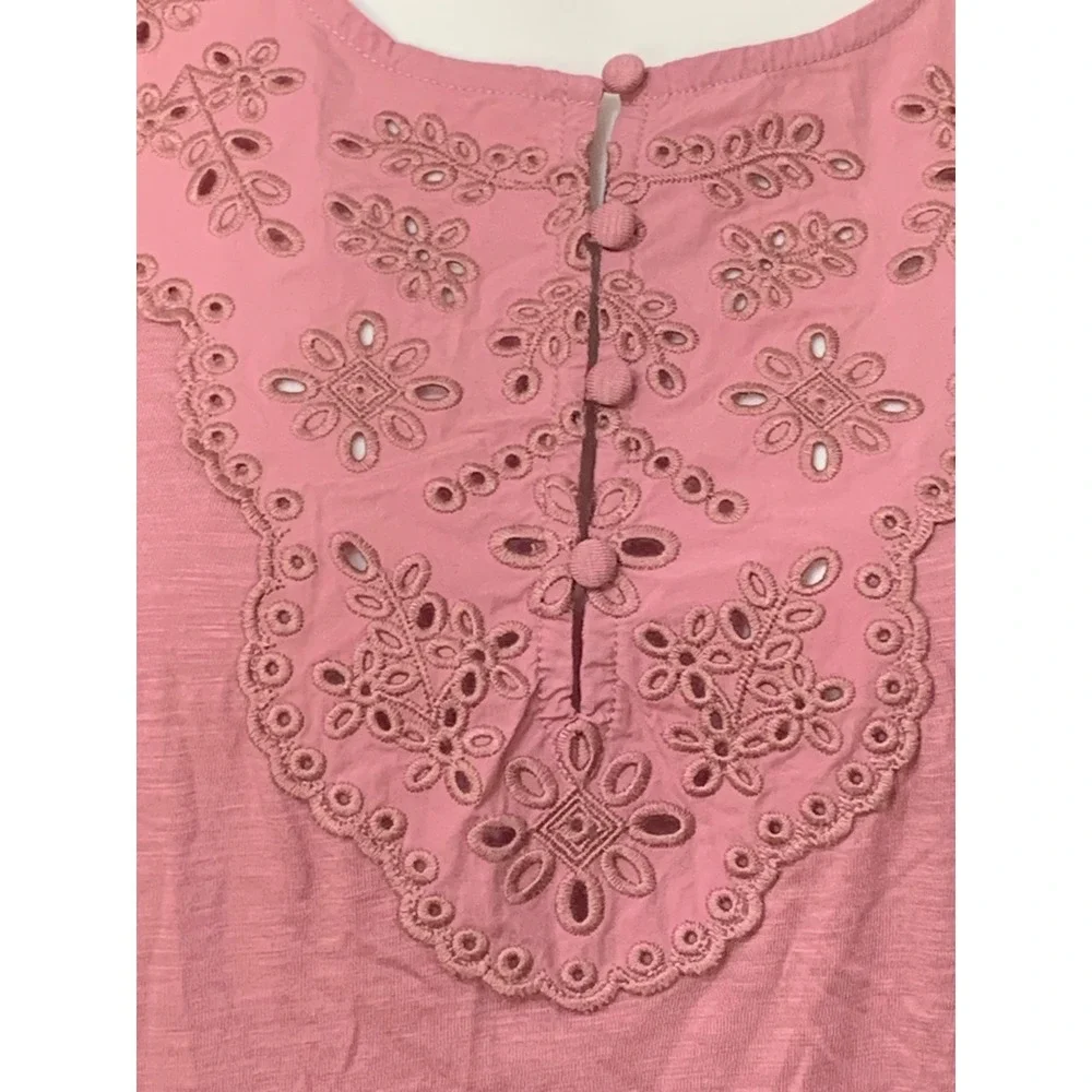 Boden Women's Pink Eyelet Embroidered Puff Sleeve Slub  Top US 10